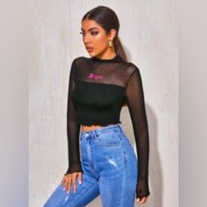 Transparent black mesh short top with a stamp